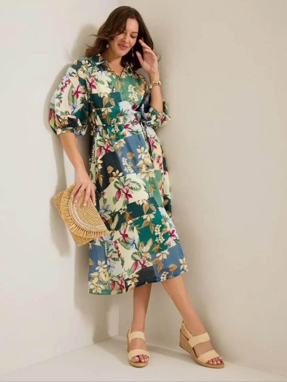 Tommy Bahama Hightide Flora Patchwork Midi Shirt Dress - XL